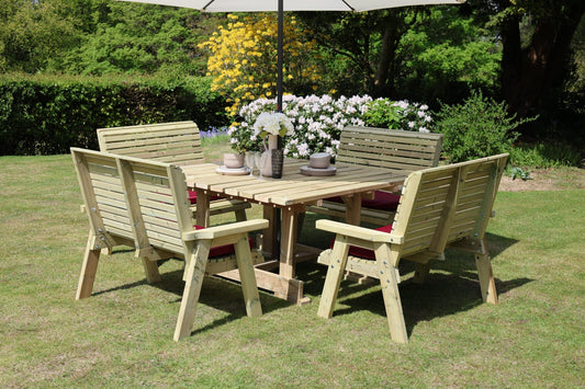 Heritage Tanalised 8 seat square dining set with four benches and burgundy cushions