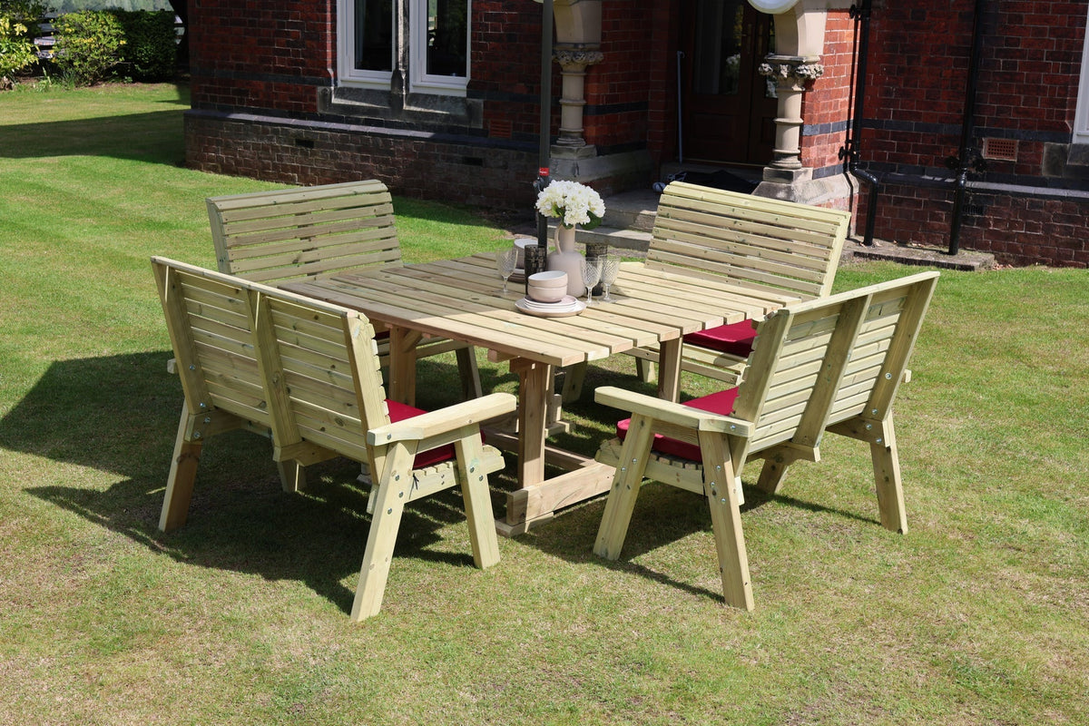 Styled Heritage Tanalised 8 seater square table set with four burgundy-cushioned benches