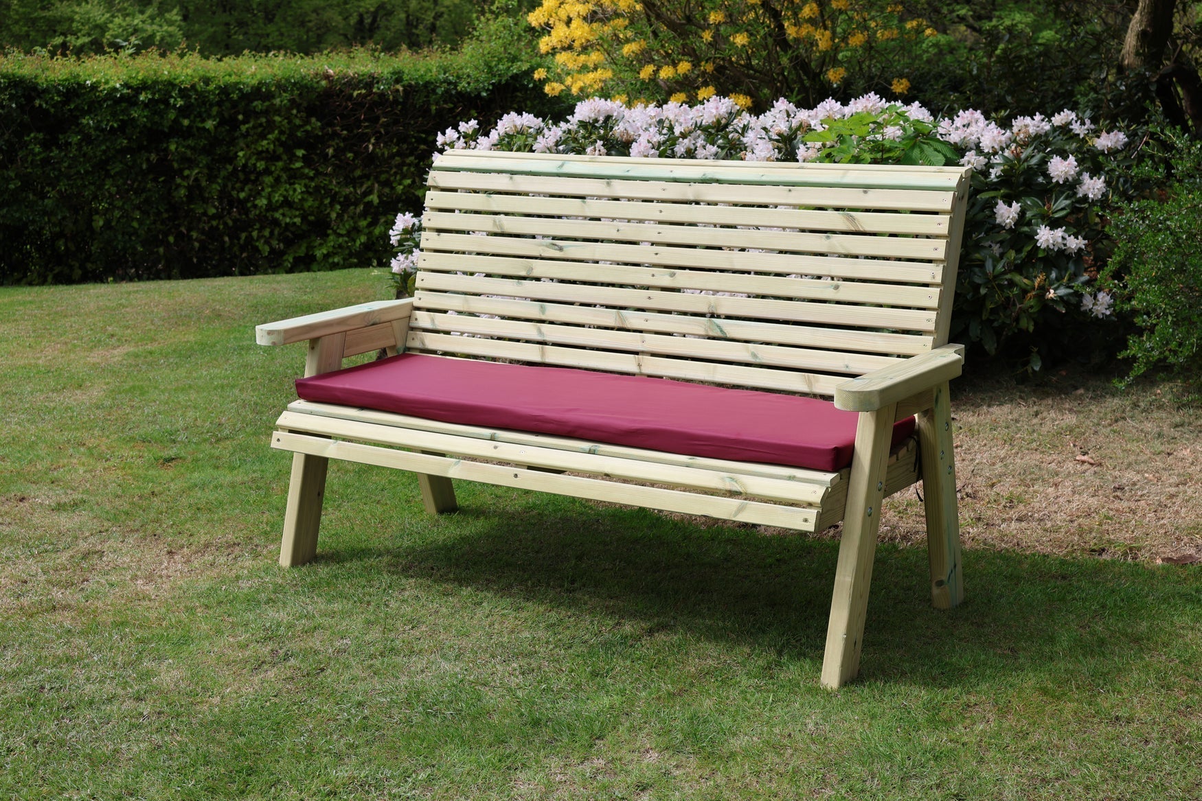 Heritage Tanalised 3 seat bench with burgundy cushion