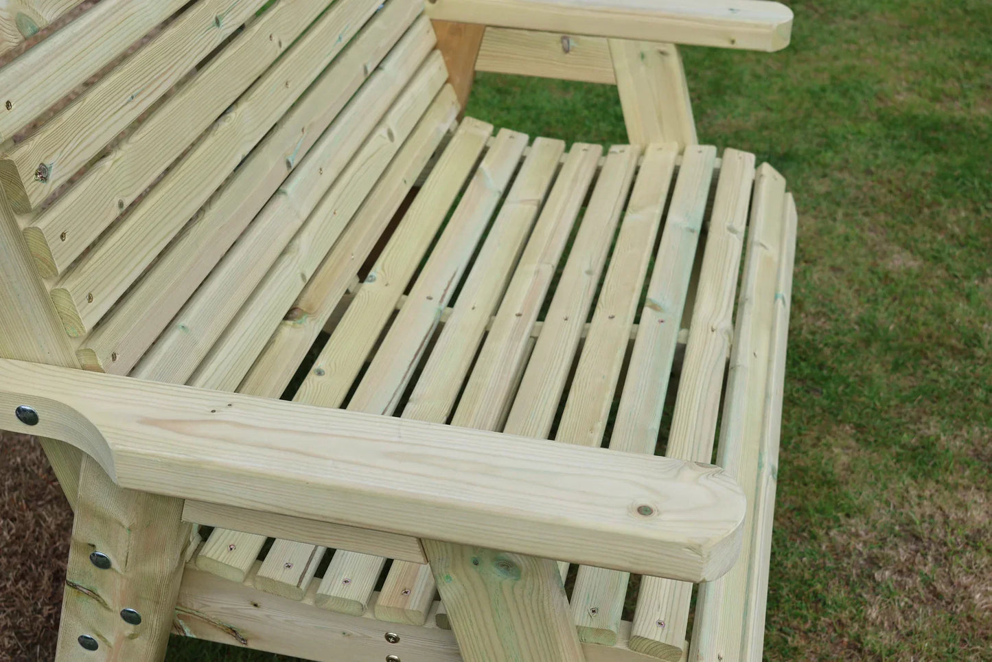 Heritage Tanalised bench slatted seat and rounded arm detail