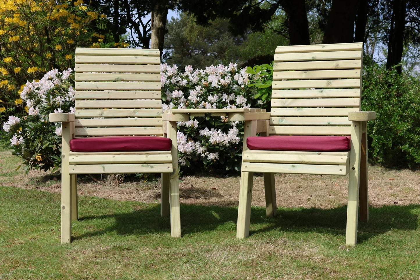 Front view of Heritage Tanalised angled loveseats with burgundy cushions