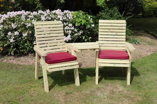 Heritage Tanalised angled loveseats with burgundy seat cushions