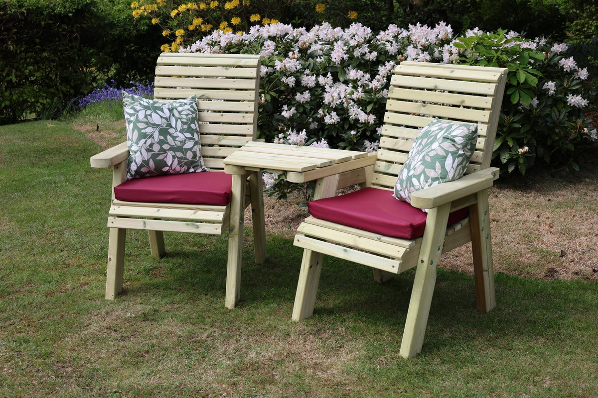 Heritage Tanalised angled loveseats with cushions and pillows