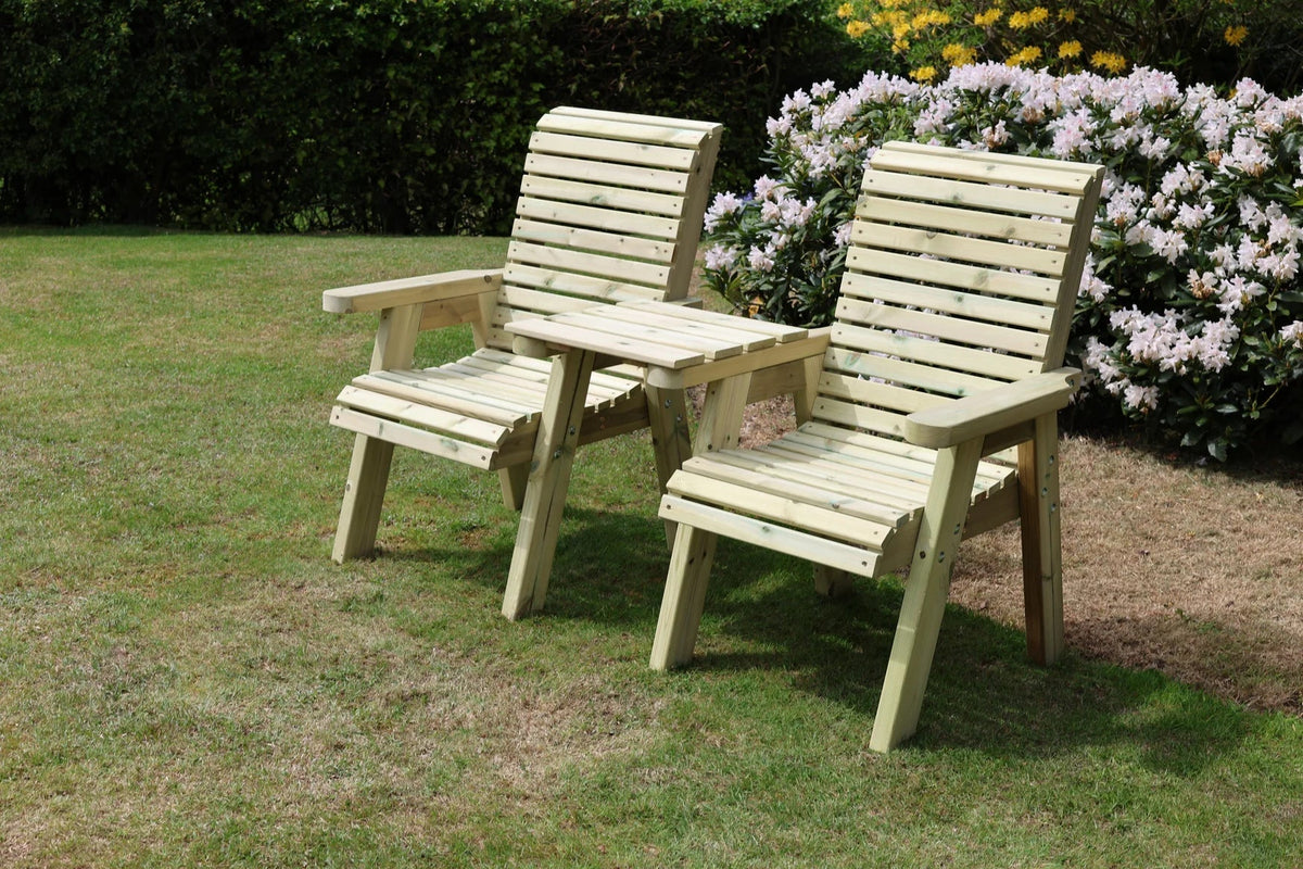 Angled view of Heritage Tanalised straight garden loveseats
