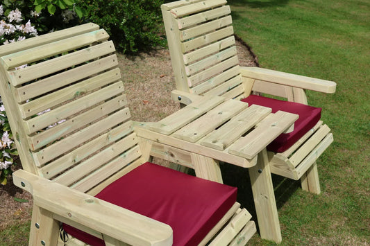 Heritage Tanalised straight loveseats with burgundy cushions