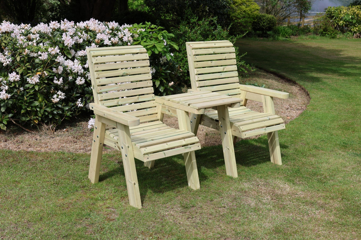 Heritage Tanalised straight loveseats with square tray in a garden