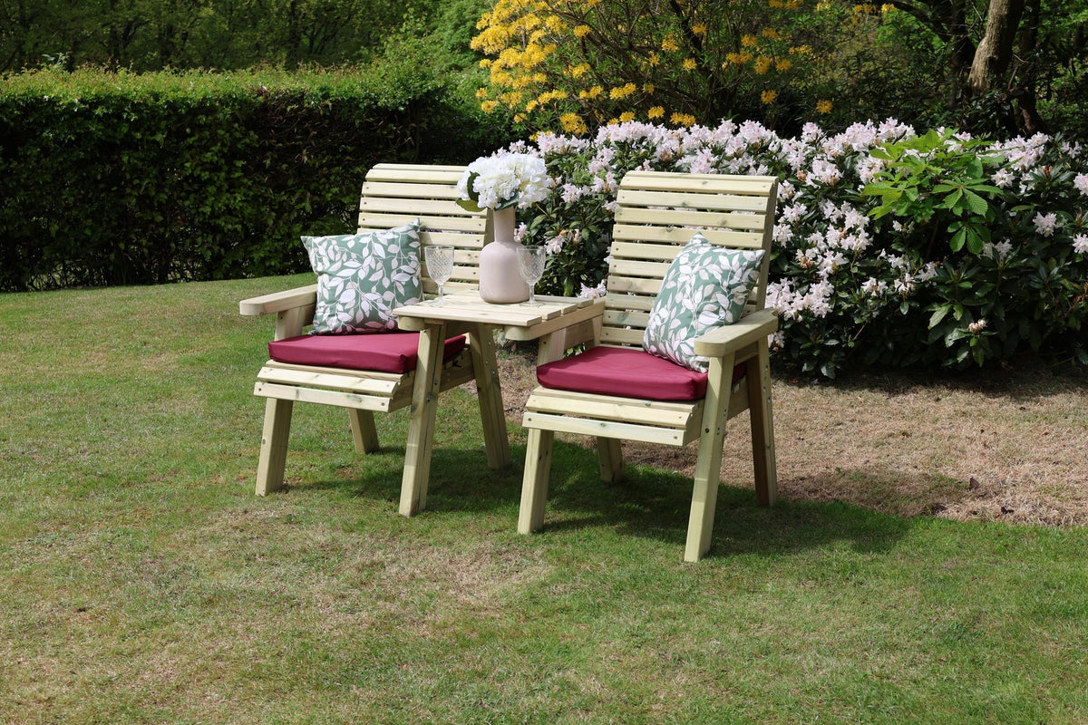 Heritage Tanalised straight loveseats styled with cushions and drinks