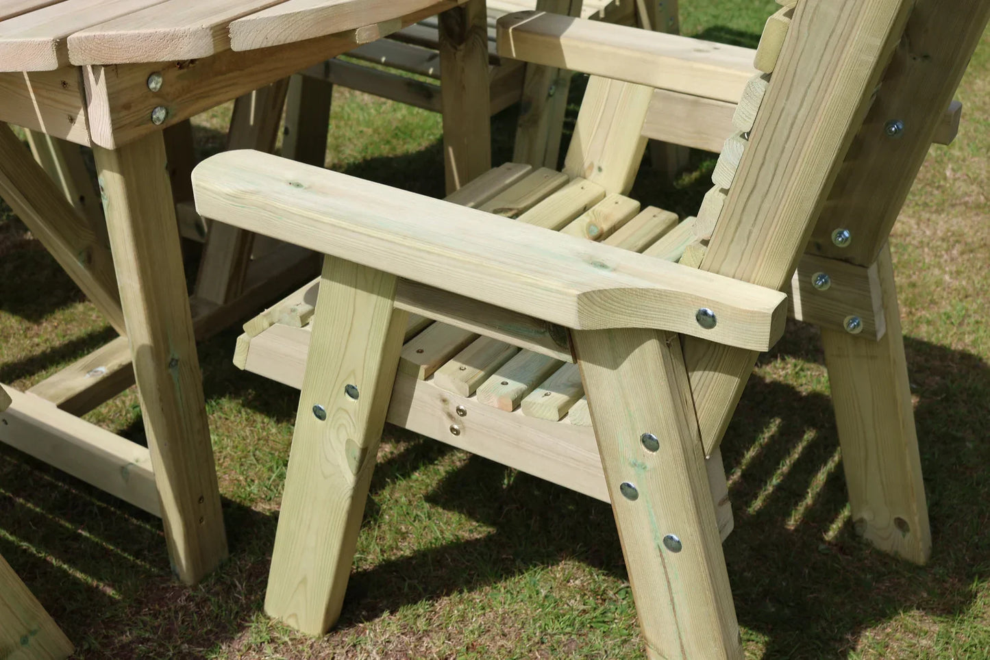Heritage Tanalised chair rounded arm and bolted frame detail