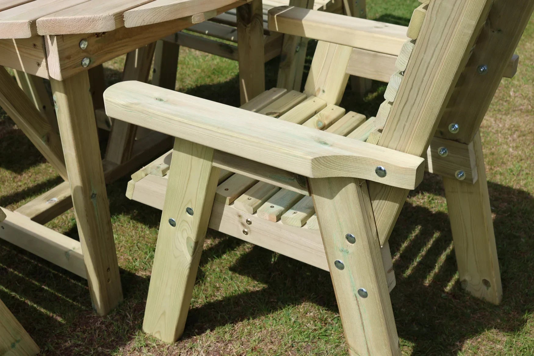Heritage Tanalised chair rounded arm and bolted frame detail