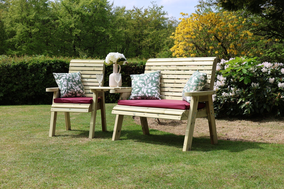 Heritage Tanalised angled trio set with burgundy cushions and pillows