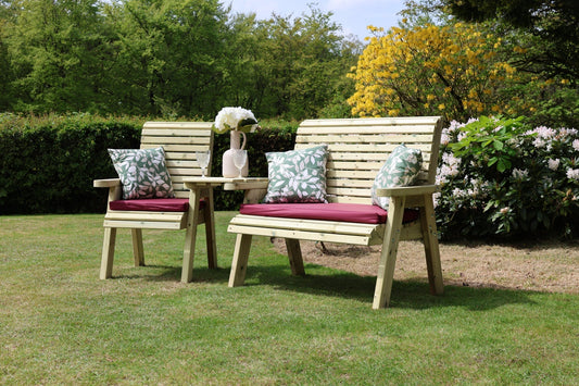 Heritage Tanalised angled trio set with burgundy cushions and pillows