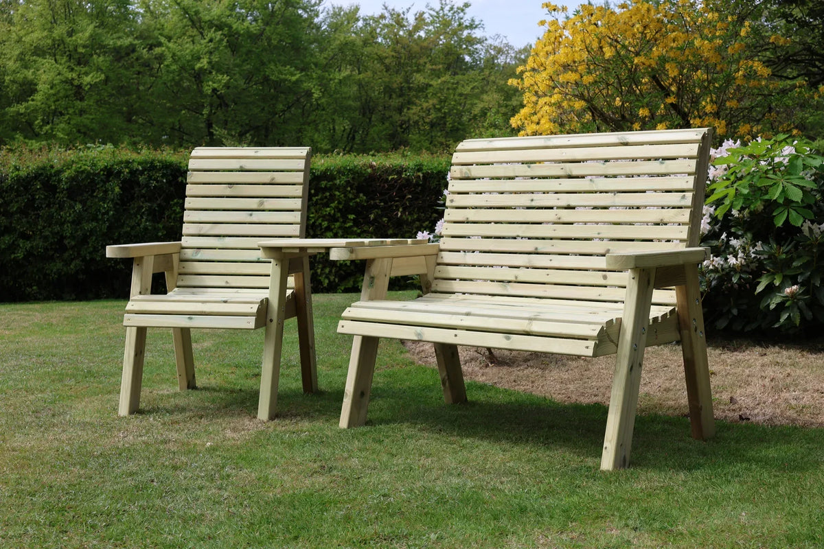 Low angle view of Heritage Tanalised angled trio garden seating set
