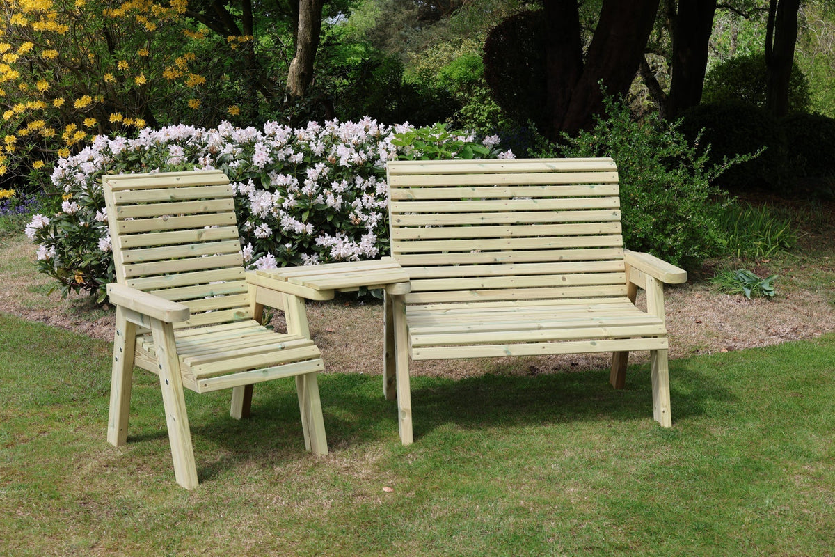 Heritage Tanalised trio set with angled tray, chair and 2 seat bench