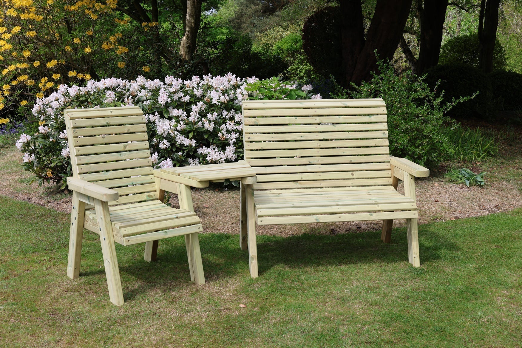 Heritage Tanalised trio set with angled tray, chair and 2 seat bench