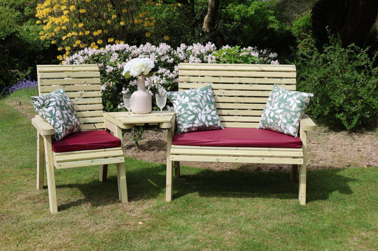 Front view of Heritage Tanalised angled trio chair and bench set with cushions