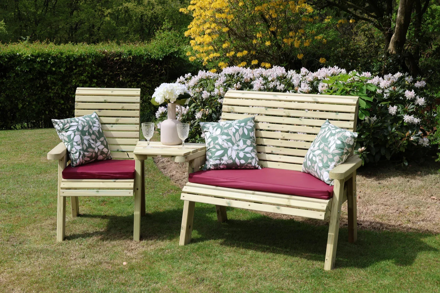 Heritage Tanalised angled trio set styled with cushions and drinks
