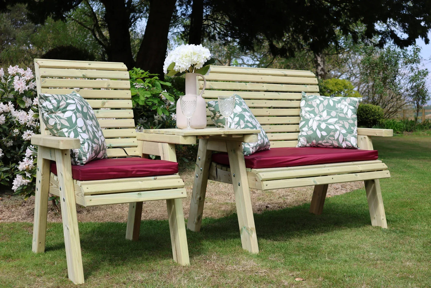 Heritage Tanalised trio chair and bench set with straight tray and cushions