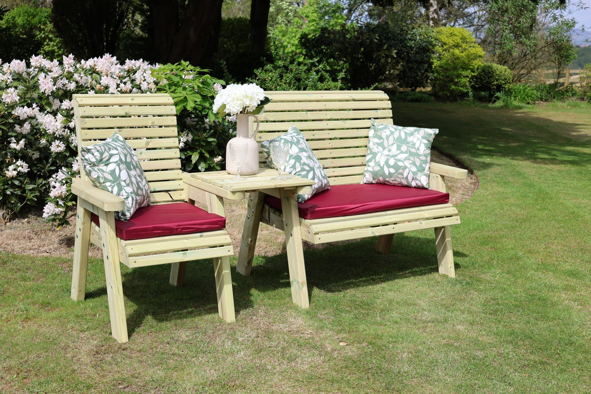 Angled view of Heritage Tanalised trio set with cushions and straight tray