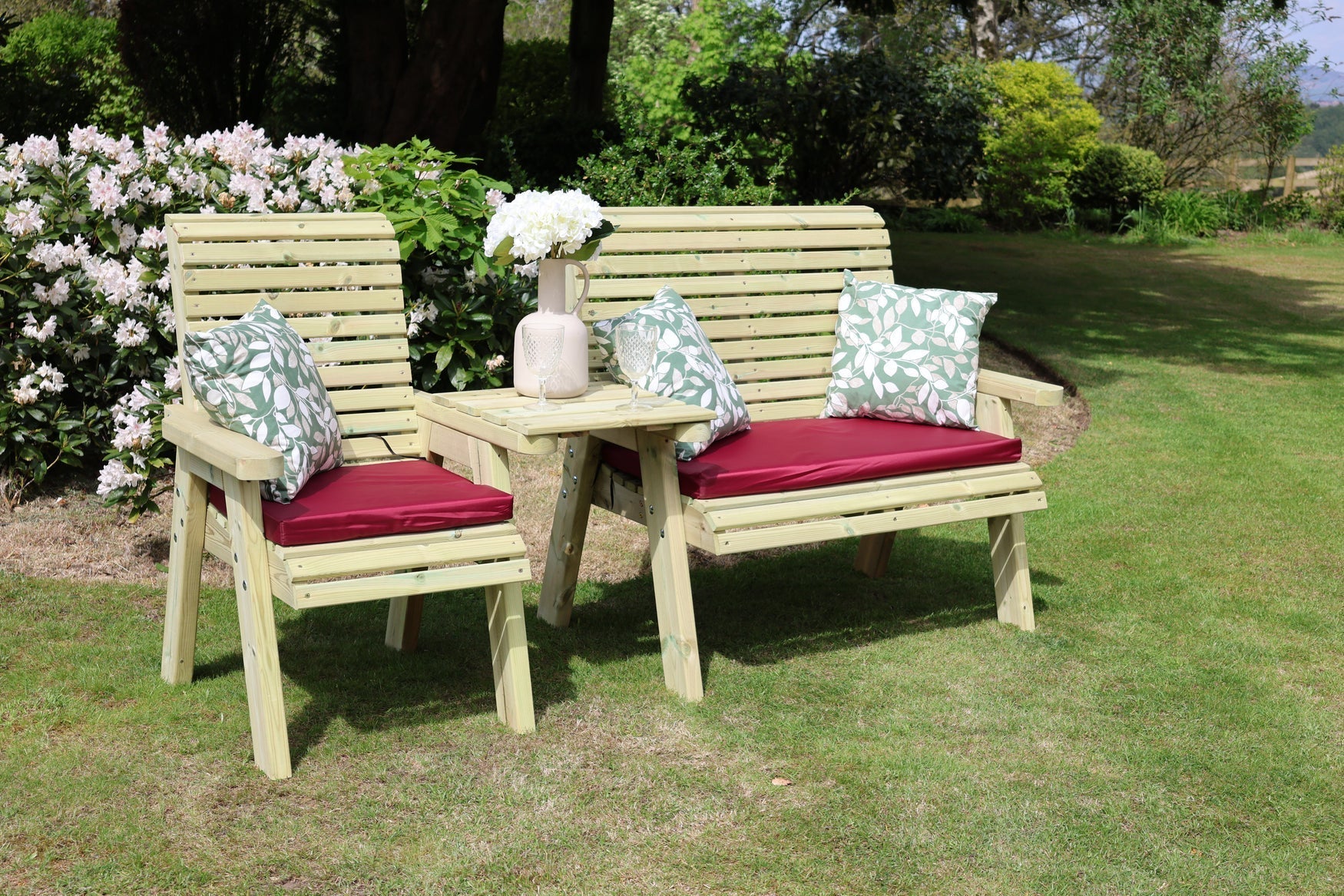 Angled view of Heritage Tanalised trio set with cushions and straight tray