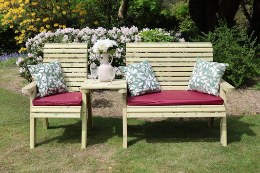 Front view of Heritage Tanalised trio set styled with cushions and drinks